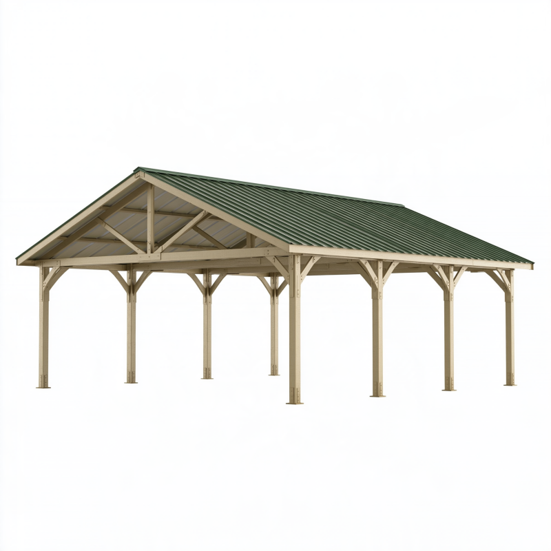 Abri voiture 600 x 500 x 320 cm en bois beige avec toit métallique vert couvert