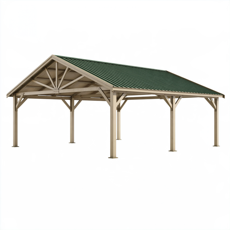 Carport 600 x 400 x 300 cm en bois beige avec toiture en acier vert pour extérieur