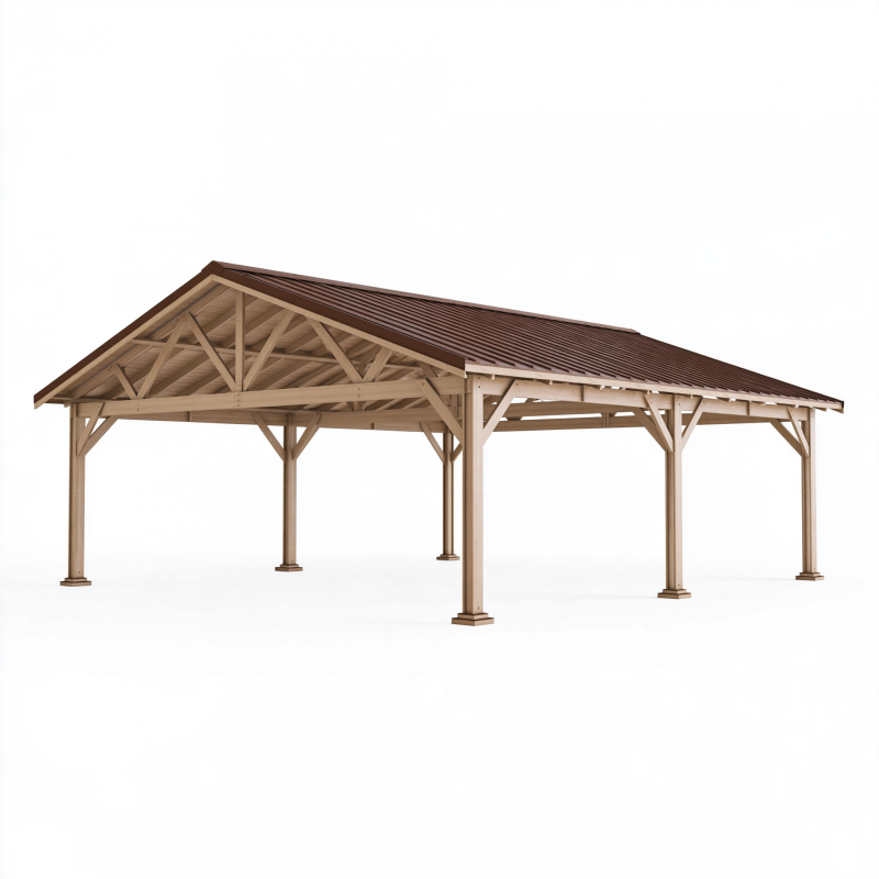 Abri voiture 600 x 500 x 300 cm en bois avec toit brun pour extérieur
