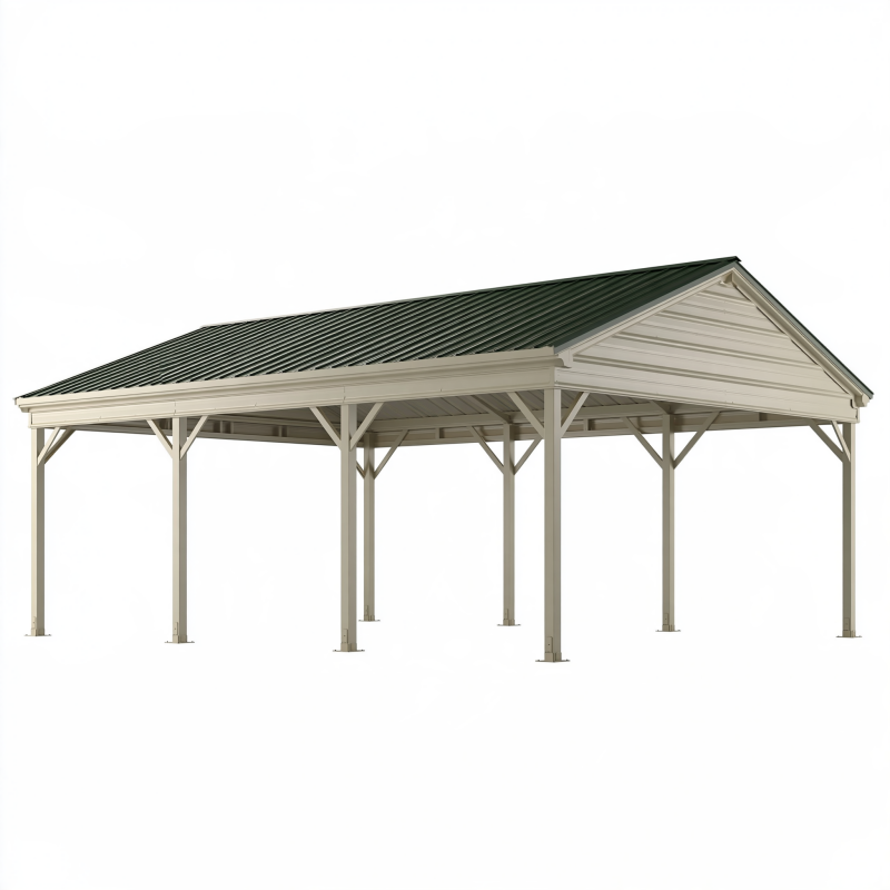Carport 600 x 300 cm en acier beige avec toit vert pour extérieur