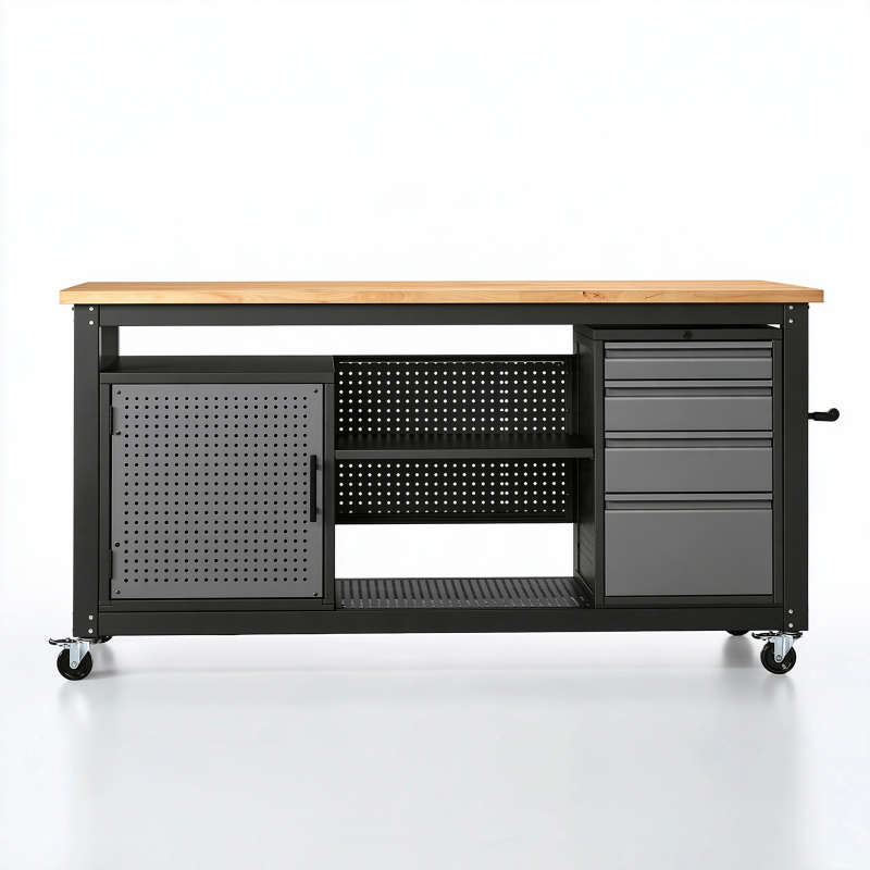 Établi roulant 150 x 60 x 90 cm en acier noir et bois avec rangement