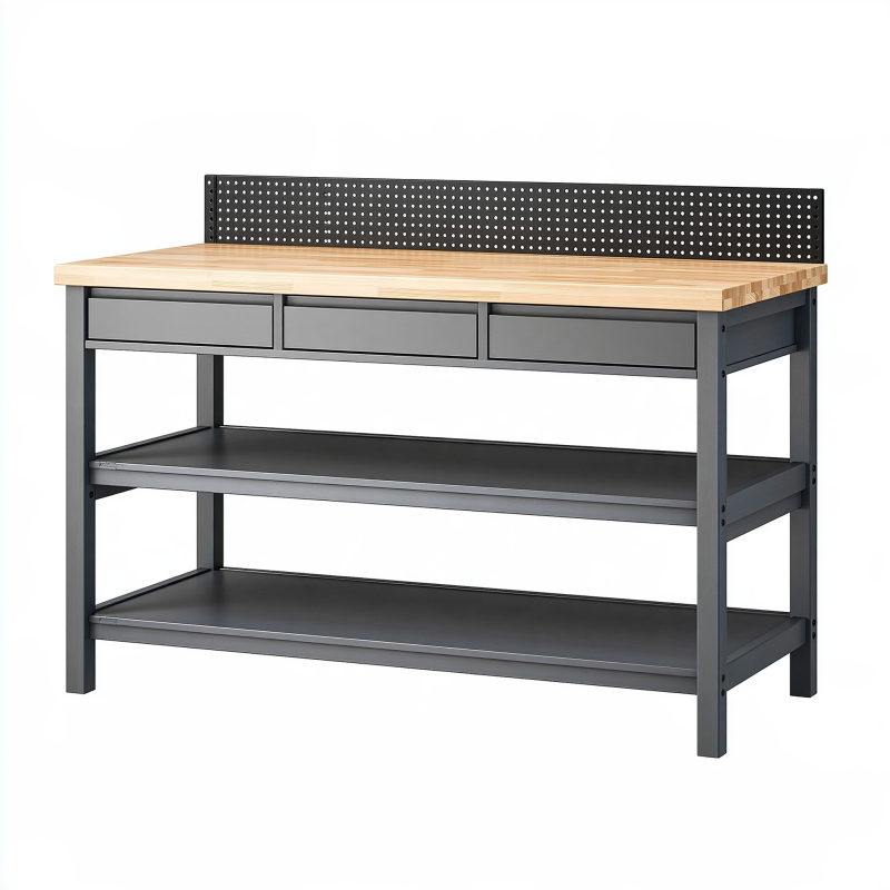 Établi 120 x 60 x 90 cm en bois et acier noir avec rangement