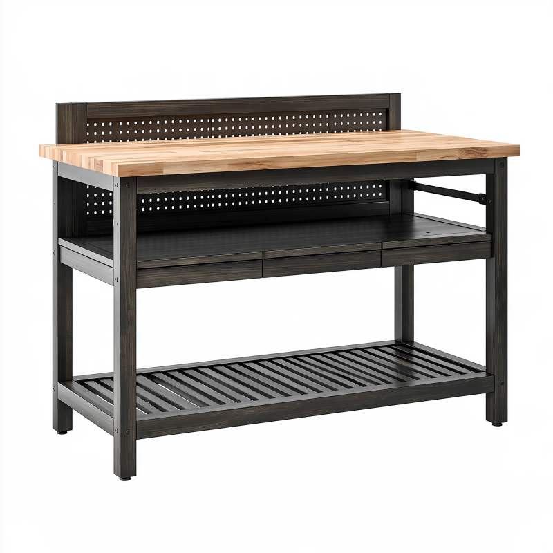 Établi de rangement 120 x 60 x 110 cm en bois et métal noir avec plan de travail