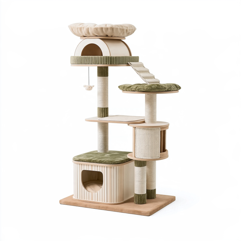 Arbre à chat 60 x 50 x 145 cm beige et vert en bois avec poteaux à griffer et plateformes