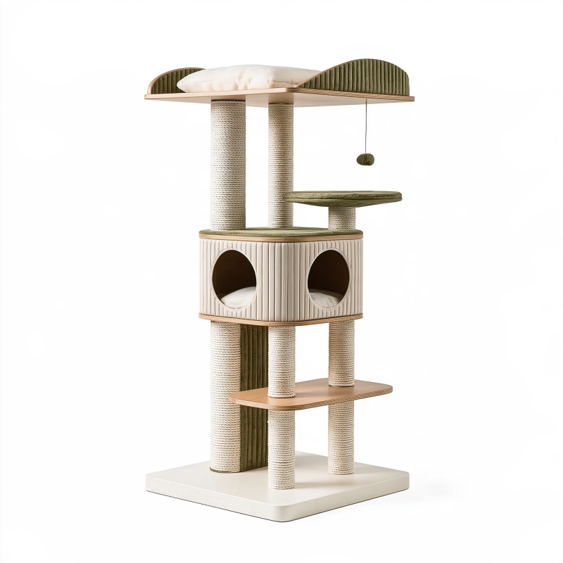 Arbre à chat 60 x 60 x 160 cm en bois et sisal vert et beige avec niches et plateformes