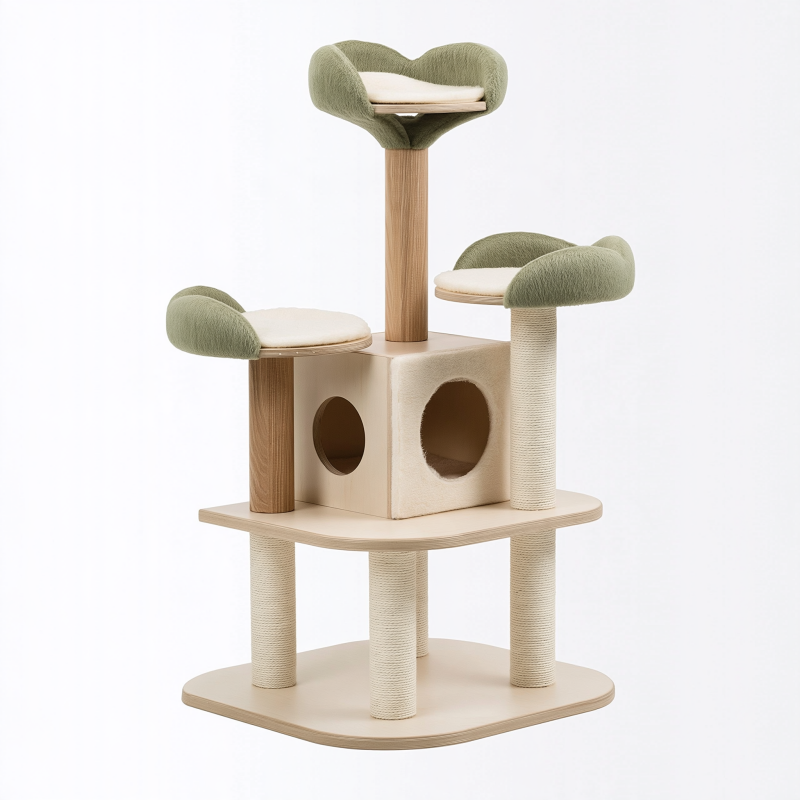 Arbre à chat 60 x 60 x 145 cm en bois beige et vert avec poteaux à griffer et niches