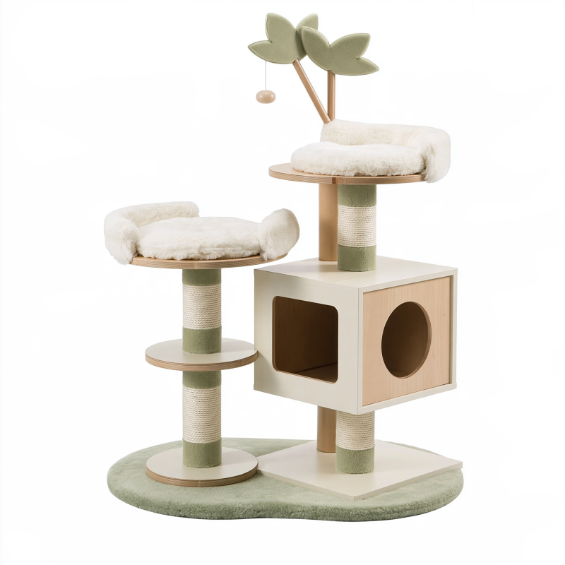 Arbre à chat 70 x 50 x 120 cm en bois beige et vert avec griffoirs et niches