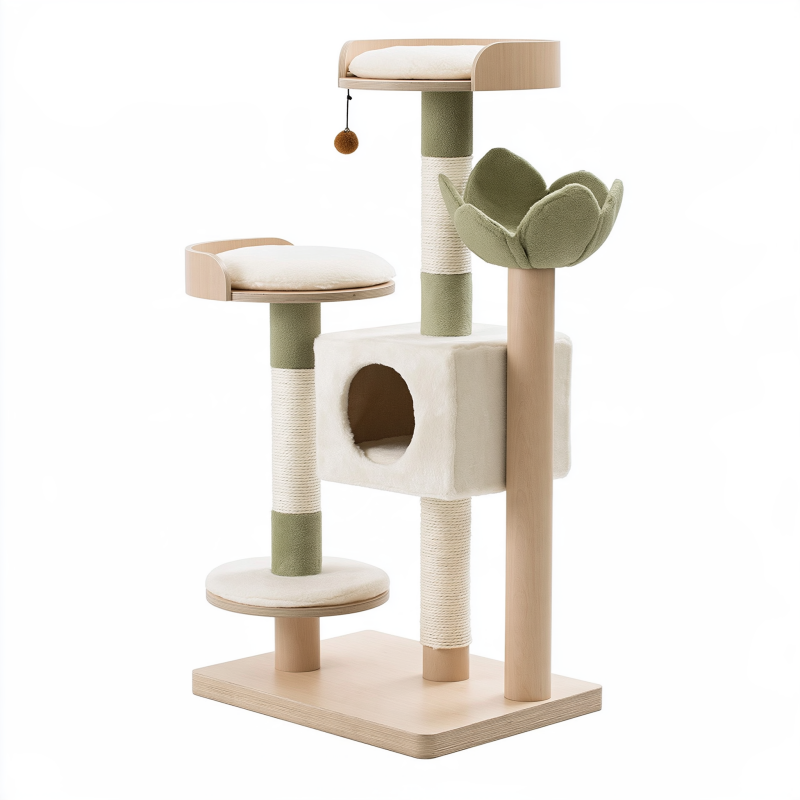 Arbre à chat 60 x 50 x 140 cm en bois beige vert avec griffoirs et niches