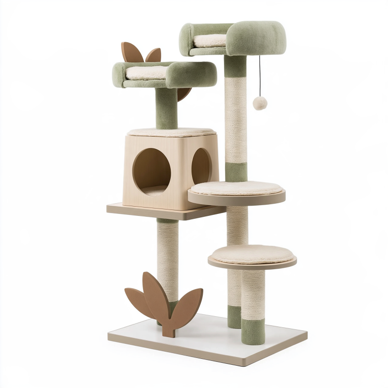 Arbre à chat 60 x 50 x 150 cm en bois vert sauge avec griffoirs en sisal