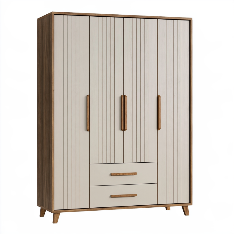 Armoire 3 portes 160 x 60 x 200 cm en panneaux de bois blanc cassé et marron avec tiroirs style scandinave