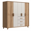 Armoire de rangement 180 x 60 x 200 cm bois naturel et blanc à 6 portes avec 3 tiroirs style contemporain