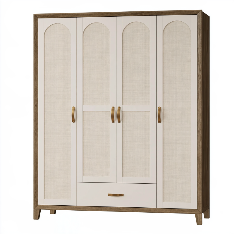 Armoire 4 portes 160 x 55 x 200 cm bois brun beige avec panneaux effet cannage style contemporain