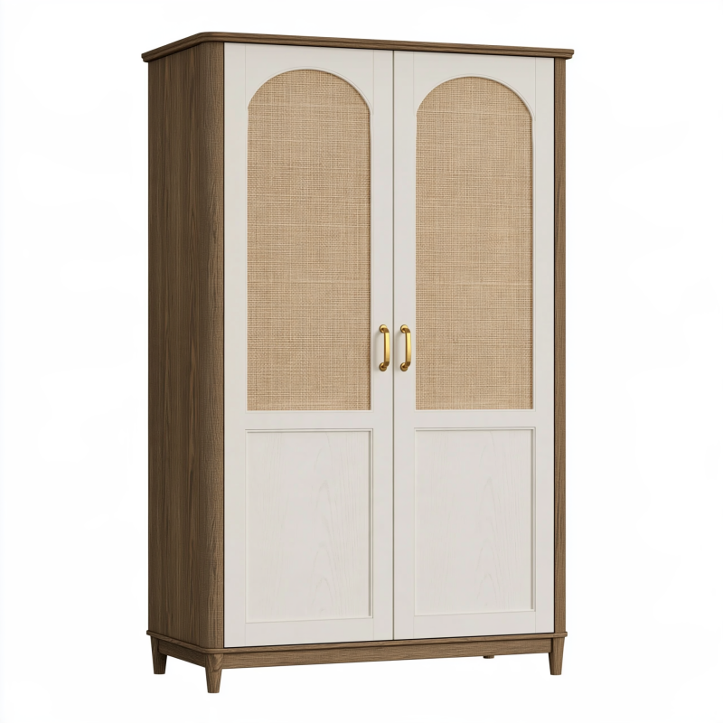 Armoire 100 x 55 x 190 cm en bois marron blanc et cannage à 2 portes style bohème
