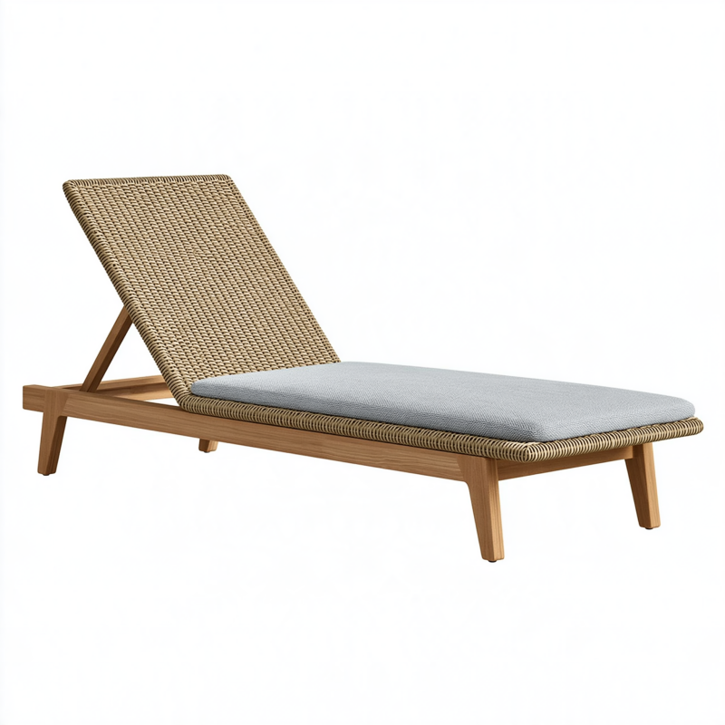 Chaise longue de jardin 200 x 70 cm en bois tressage beige avec coussin gris dossier inclinable