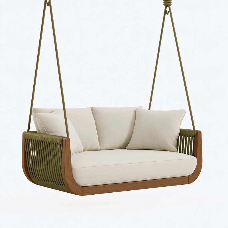 Balancelle de jardin 140 x 75 x 65 cm en bois brun et corde vert olive assise suspendue contemporaine